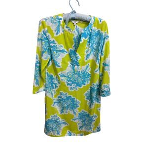 Crown & Ivy tunic green blue white floral 3/4 sleeve open neck cover up Sz 2 / S